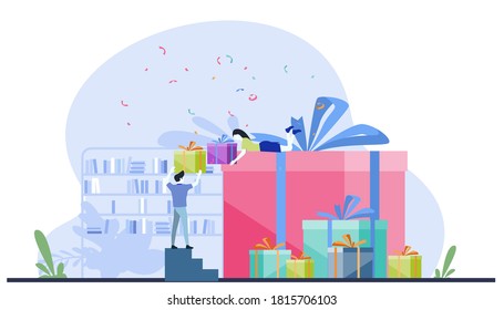 Illustration vector graphic flat design  of  Man and woman family  holding  gift box. Suitable for the act of giving campaigns celebrate.