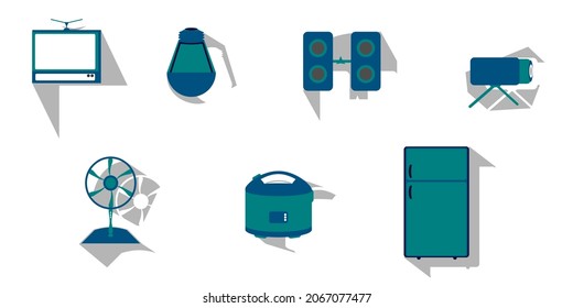 illustration vector graphic of flat design icons home electronics tv, lamp, speaker, camera, fan,  rice cooker, refrigerator with abstract shadow on white background. Fit for icons, signsymbol, logo.