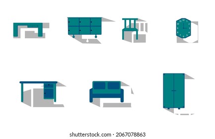 illustration vector graphic of flat design icons of home furniture table,shelf, chair,Wall clock,Workbench, seat and cupboard with abstract shadow on white background.