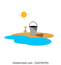 Illustration vector graphic of flat design beach set in summer holidays,with element icon bucket,shovel,sand sea water. Use for minimal concept design,logo,template amd artwork.