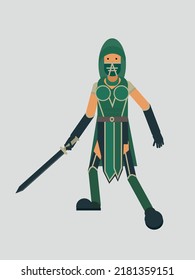 Ilustración vectorial gráfico de ninja samurai de color verde plano. Carácter único de samurai tradicional.