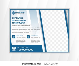 Illustration vector graphic of flyer template for software development technology. Diagonal space for photo and elements. Blue and white colors on horizontal layout design. 