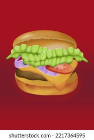Gráfico vectorial de ilustración de la hamburguesa voladora con fondo rojo