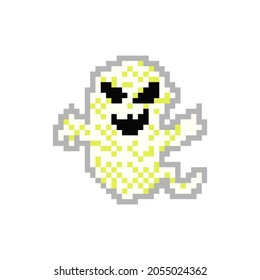 illustration vector graphic of flying ghost on white background. Scary white ghost. Happy Halloween. Flying ghost pixel game style illustration. Game 8 bit style. vector pixel art design.
