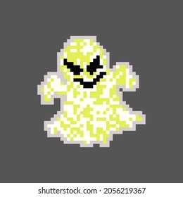 illustration vector graphic of flying ghost on brown background. Scary white ghost. Happy Halloween. Flying ghost pixel game style illustration. Game 8 bit style. vector pixel art design.
