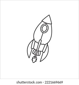 Esbozo del buque de cohetes con fuego. Aislado en blanco. Icono de línea plana. Ilustración vectorial con cohete volador. Viaje espacial. Los proyectos comienzan a registrarse. Símbolo creativo de idea. Blanco y negro.