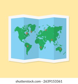 Illustration vector graphic of a folded world map featuring green continents, location markers, and dotted travel routes. Perfect for travel, exploration, and global journey concepts