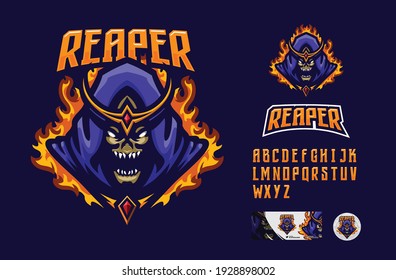 Illustration Vector Graphic And Font Set Of Reaper With Crown Perfect For E-sport Team Mascot And Game Streamer