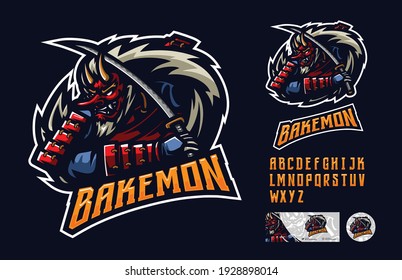 illustration vector graphic and font set of samurai demon perfect for e-sport team mascot and game streamer