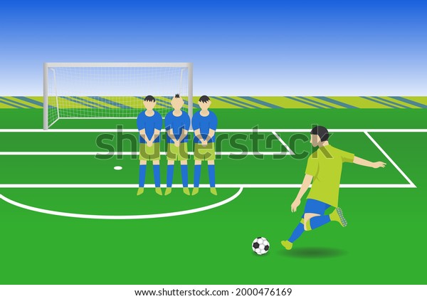 Illustration vector graphic of football\
match under blue sky, free kick on goal, three men as defenders.\
Tournament Match. World\
Championship.