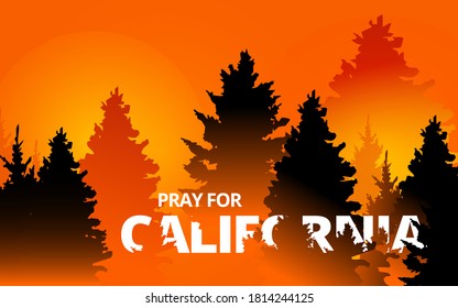 Illustration vector graphic of forest fire in California state, USA. Trees about to burn in red, orange wildfire. Creek fire in the forest. Pray for California's Creek Fire concept. Flat style.