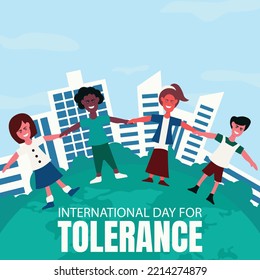 ilustración vectorial de cuatro niños de diferentes tribus tomados de la mano en medio de la ciudad, perfecto para el día internacional de la tolerancia, celebración, tarjeta de saludo, etc.