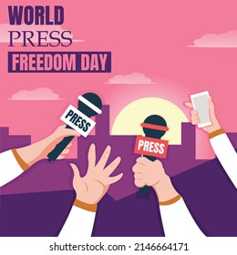 ilustración vectorial de cuatro manos sosteniendo el micrófono y el smartphone usados para la entrevista, perfecto para el día mundial de la libertad de prensa, celebración, tarjeta de saludo, etc.