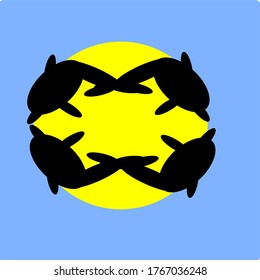 illustration vector graphic of four silhouette dolphins that are jumping on the water at sunrise concept design