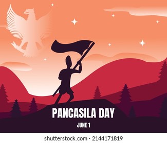 illustration vector graphic of freedom fighters are waving flags in the mountains, showing garuda pancasila shadow, perfect for pancasila day, celebrate, holiday, greeting card, etc.