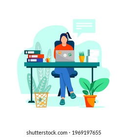 Illustration vector graphic of a freelancer woman works at home.