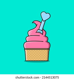 Illustration vector graphic of fresh strawberry ice cream with blue spoon. Perfect for ice cream product, etc.