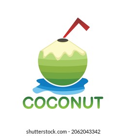 illustration vector graphic of Fresh young coconut ready to drink using a straw, showing a puddle of water, perfect for fruit, health, juice, vegetable, product, etc. 