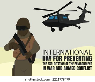 illustration vector graphic of a fully clothed soldier holding a long gun, showing a helicopter flying, perfect for international day, preventing, the exploitation, the environment, war, armed, etc 