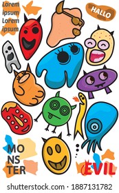illustration vector graphic of Funny doodles with monsters set, perfect for banner, children's books, stickers, book covers, walpapers, background, Free Vector etc.