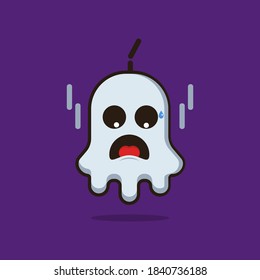 Illustration vector graphic of a funny ghost who fell because the rope broke. Purple background. Perfect for Halloween costume designs and Halloween themed book covers.