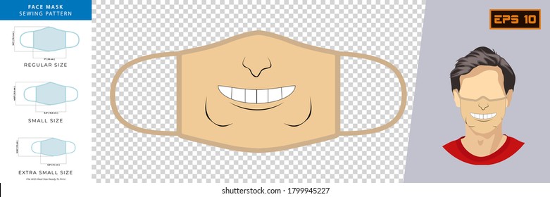 Illustration Vector Graphic of funny masks with emotion expression in mask design. Face mask sewing pattern front view concept with real size ready to print. Face mask design template for print.
