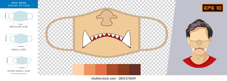 Ilustración Vector Gráfico de máscaras divertidas con expresión emocional en el diseño de máscaras. Enmascaramiento facial coser el concepto de vista frontal con tamaño real listo para imprimir. Plantilla de diseño de máscara facial para impresión.
