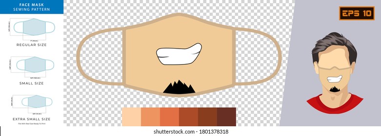 Illustration Vector Graphic of funny masks with emotion expression in mask design with human skin tone color palette. Face mask sewing pattern front view concept with real size ready to print. 
