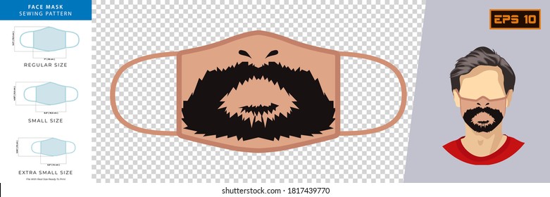 Illustration Vector Graphic of funny masks with emotion expression in mask design. Face mask sewing pattern front view concept with real size ready to print.  face masks with beards and mustaches.