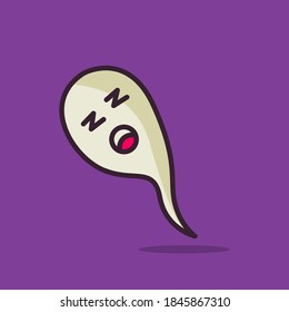 Illustration vector graphic of ghost passed out. Purple background. Perfect for halloween greeting card and trick or treat party invitation design.