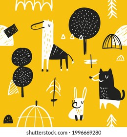 Illustration vector graphic of giraffe playing together with friends in the park, perfect for background, fabric or object pattern, printing ,warping, textile etc.