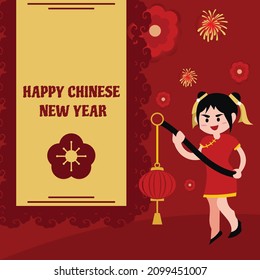 illustration vector graphic of a girl brings a lantern and celebrates chinese new year, perfect for chinese day, religion, holiday, culture, greeting card, etc.

