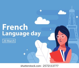 illustration vector graphic of girl in glasses hugging a book, showing the silhouette of the eiffel tower as a background, perfect for international day, french language day, celebrate, greeting card.