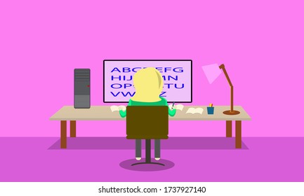 Illustration vector graphic of girl learn from home by using computers to study online