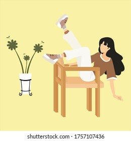 illustration vector graphic of girl with long hair while sit with modeling pose on chair and plant beside her.