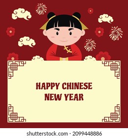 illustration vector graphic of a girl on a chinese new year greeting board, perfect for chinese day, religion, culture, greeting card, holiday,  etc.

