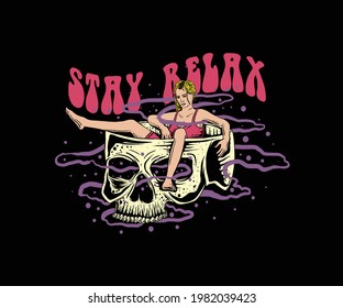 illustration vector graphic of a girl relaxing on a hollow skull. perfect for posters, wall hangings, wallpaper, merchandise, t-shirts, apparel