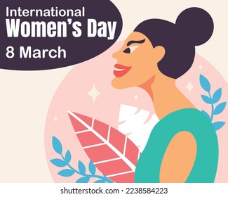 illustration vector graphic of girl with tied hair smiling, showing foliage in background, perfect for international day, international womens day, celebrate, greeting card, etc.