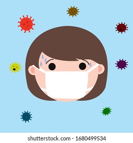 Illustration Vector Graphic Of Girl Wearing Medical Mask Scary With Coronavirus