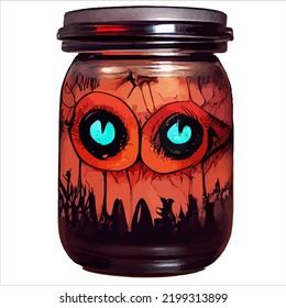 illustration vector graphic of glass bottle jar with spooky eye monster isolated on grey perfect for Halloween poster or edit and customize your design, card, banner, social media 