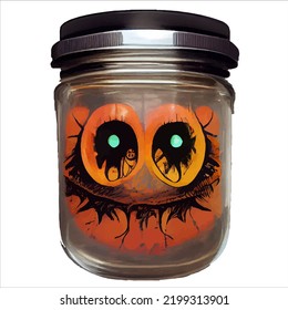 illustration vector graphic of glass bottle jar with spooky eye monster isolated on grey perfect for Halloween poster or edit and customize your design, card, banner, social media 