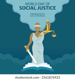 illustration vector graphic of the goddess of justice holds a balance and a sword, perfect for international day, world day of social justice, celebrate, greeting card, etc.