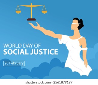 illustration vector graphic of the goddess themis catches the floating balance, perfect for international day, world day of social justice, celebrate, greeting card, etc.