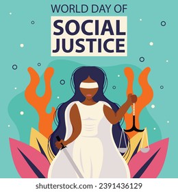illustration vector graphic of the goddess in white holds a sword and balance, showing plant background, perfect for international day, world of social justice, celebrate, greeting card, etc.