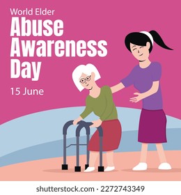 illustration vector graphic of a grandmother walks with an assistive device accompanied by her child, perfect for international day, world elder abuse awareness day, celebrate, greeting card, etc.