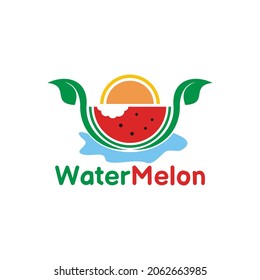 illustration vector graphic of green leafy watermelon with bite marks, showing the sun above, perfect for fruit, juice, food, drink, health, fresh, product, etc.

