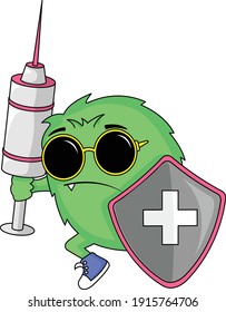 illustration vector graphic of green monsters using a health shield and a syringe spear, good for health products, posters, vaccine campaigns or health campaigns, etc.