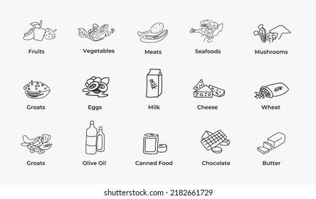 Illustration vector graphic of groceries foods icon. Hand drawing style icon or symbol. Good for ingredient information, infographic, pictogram, website, presentation etc