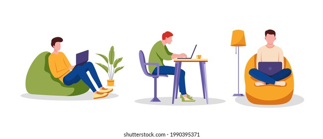 Illustration vector graphic of group of men working at home with laptops, isolated on white background.