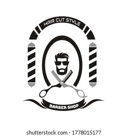 illustration vector graphic of hair cut style showing scissor, head man and barber pole - perfect for barber shop